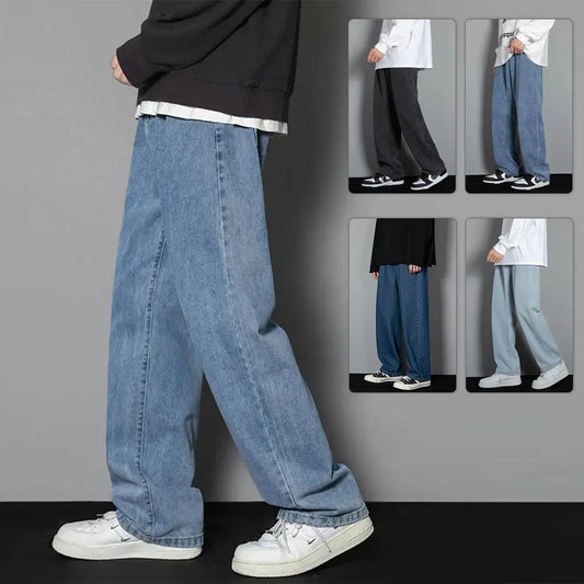 Korean Style Men's Jeans Classic Casual Long Man Straight Denim Wide-leg Pants Solid Color Black Jeans Loose Pants