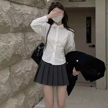 Xpqbb Women's White Shirt Korean Preppy Style Long Sleeve Turndown Collar Blouse School Girl Uniform Student Slim Shirts 2024