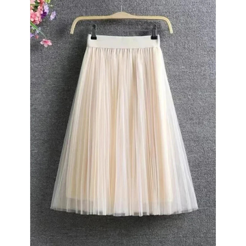 Vintage Tulle Skirt Women Streetwear Elastic High Waist Mesh Pleated Skirts Summer Elegant Korean A Line Office Ladies Skirt New