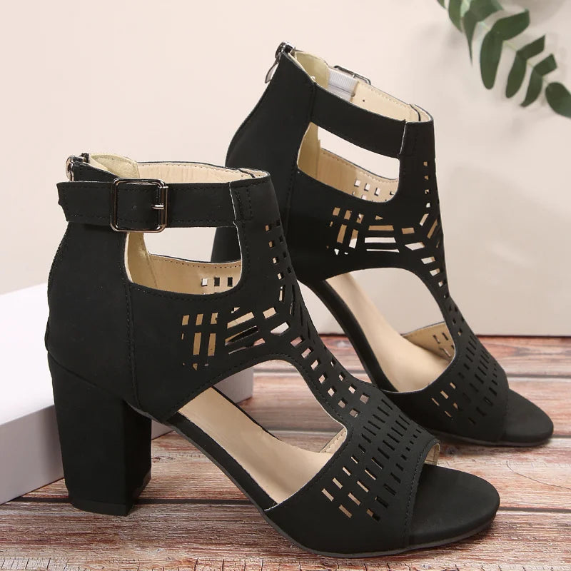 Women Fashion Strap Sexy High Heel Sandals Woman Roman Hollow Pumps Lace-up Peep Toe Sandals Casual Chunky High-heeled Sandals