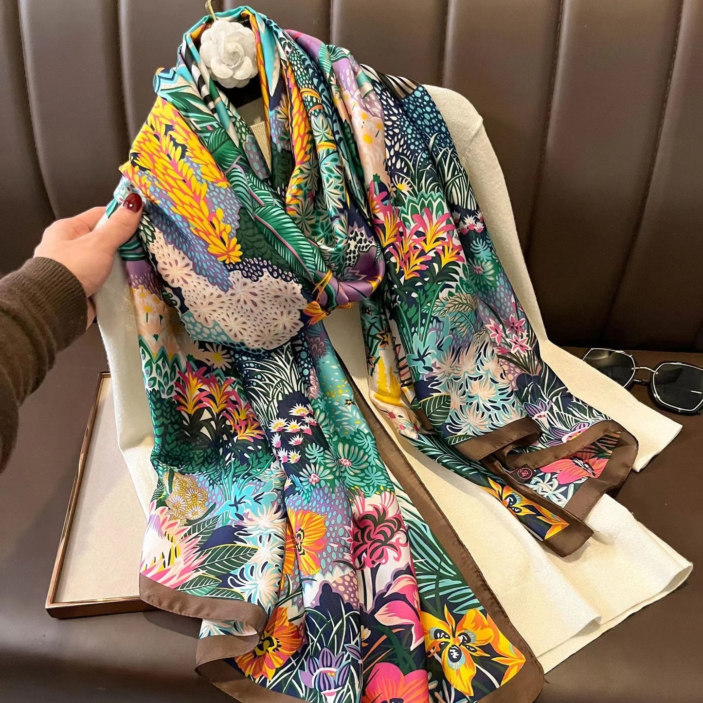 Women Fashion Print Silk Scarf Luxury Brand Warm 180X90CM Scarves Popular Lrage Satin Finish Shawl The Four Seasons Design Hijab