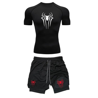 Men's Workout Compression Set Y2K Spider Printed Gym Tshirts Breathable Running Shorts Quick Dry Sports Rash Guard Sportwear Set