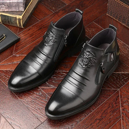 Men's Ankle Boots British Black Zip Knight Boots Pointed Winter Elegant Men Leather Shoes Botas Platform Punk Booties for Men