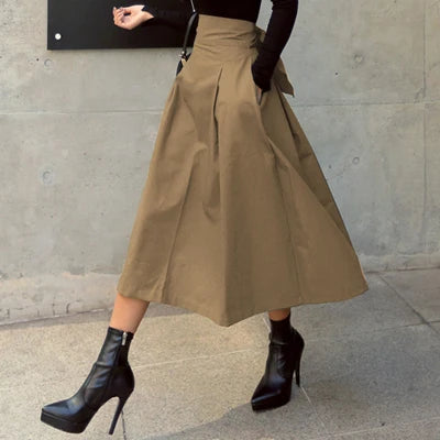 Skirts Womens Korean Fashion Solid Color Big Swing Ladies Skirt Long Skirt 2022 Autumn Wild High Waist Bow Slim Skirts