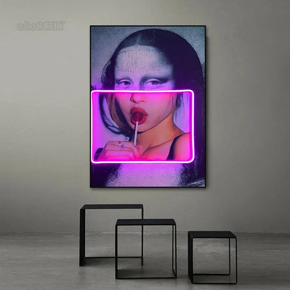 Neon Pop Art Mona Lisa with Lollipops Canvas Print Posters Canvas Painting Abstract Portrait Fashion Wall Art Picture Home Decor