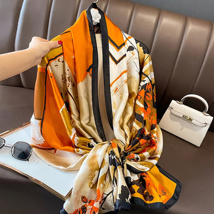 Women Fashion Print Silk Scarf Luxury Brand Warm 180X90CM Scarves Popular Lrage Satin Finish Shawl The Four Seasons Design Hijab