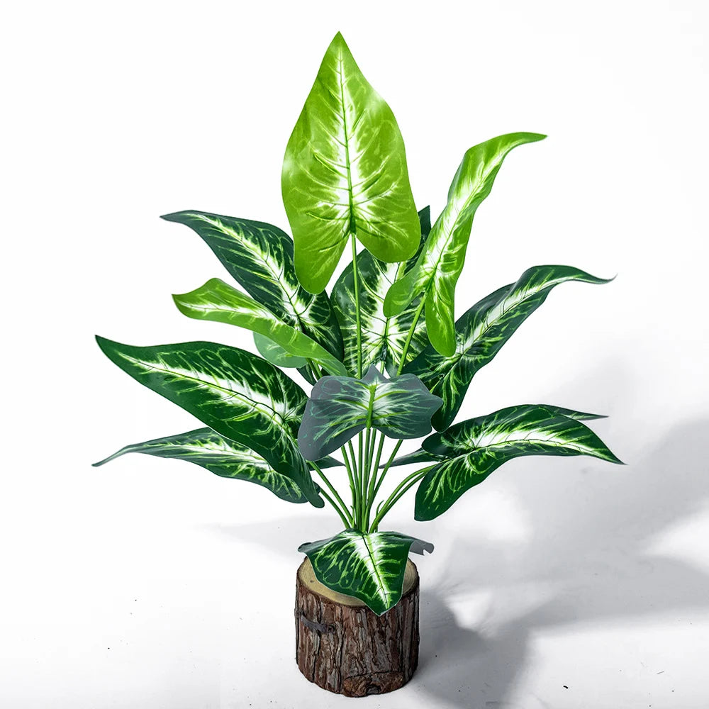 43cm 12 Forks Artificial Monstera Tree Green Fake Plants Plastic Evergreen Leaves Tropical Faux Palm Leaf For Home Garden Decor