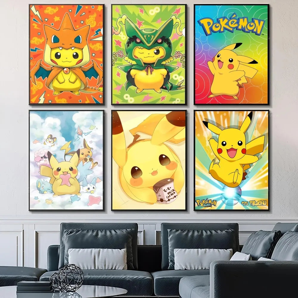 1PC Pokemon Pikachu Painting Cartoon Print Poster Paper Waterproof HD Sticker Bedroom Entrance Home Living Room Bar Wall Decor