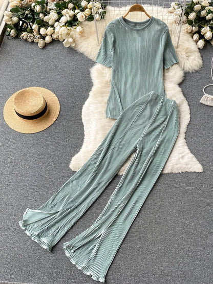 SINGREINY Pleated Fashion Solid Set Women Loose O Neck Tops Elastic Waist Split Wide Leg Long Pants Ladies Elegant Two Piece Set