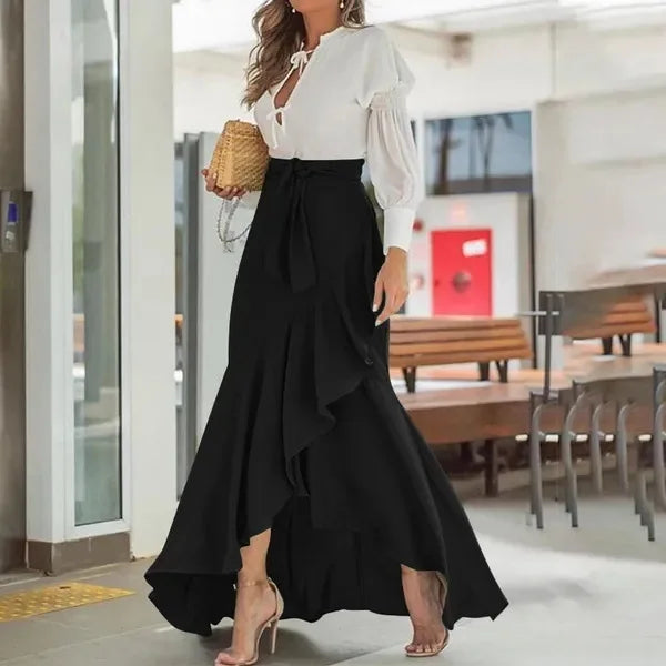 Spring Autumn Women Long Skirt High Waist Lace-up Ruffle Trim Plaid Print Bow Tie Irregular Hem Maxi Skirt Female 2024 New