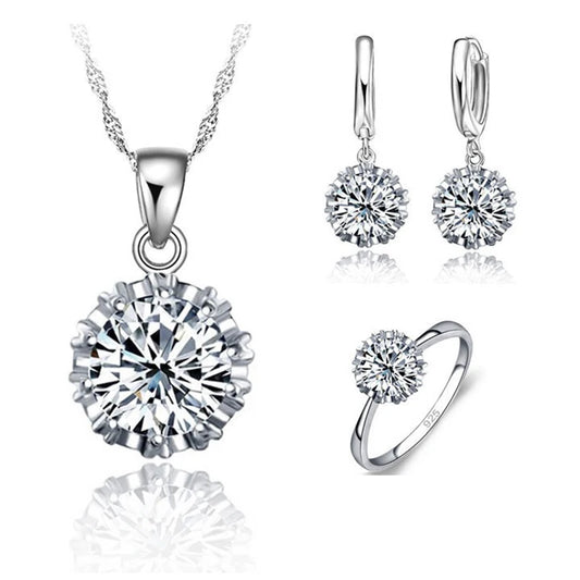 925 Sterling Silver Color Wedding Jewelry Sets for Women Big Stone CZ Cubic Zirconia Necklace/ Earring/ Ring Set Size 5-10