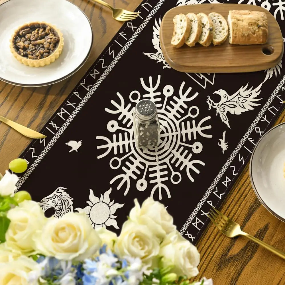 Black Viking Raven Helmet of Awe Linen Table Runner Seasonal Farmhouse Dresser Scarf Table Decor Home Kitchen Dining Table Decor