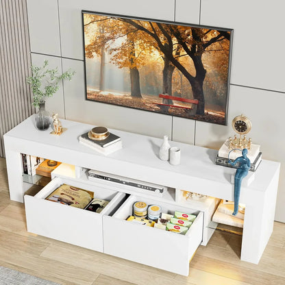 TV Stand with LED Lights, Modern Entertainment Center Media and Open Shelf Console Table Storage Desk with 1 Drawer and Remote