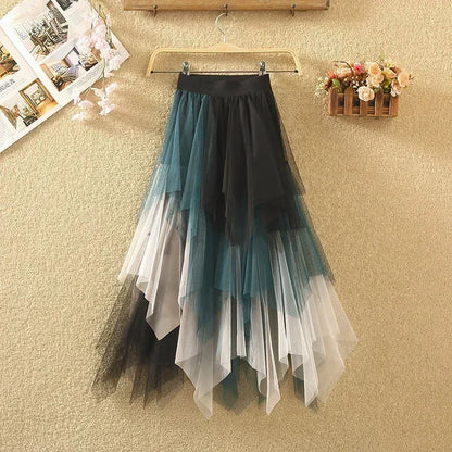 Fashion Summer Tutu Women Skirt Harajuku Tulle Bottom Faldas Casual High Waist Midi Mesh Skirts Woman Clothes Saia Jupe Femme