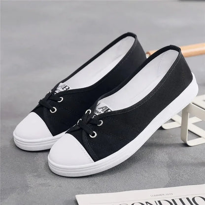 Lady Classic Round Toe White Canvas Shoes for Student School Women Cool Black Comfort Street Lace Up Shoes Zapatos De Mujer F921