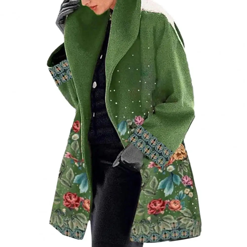 2023 Winter Women Elegant Blend Wool Coat Autumn Street Lady Long Cardigan Coats Fashion Floral Print Pocket Long Sleeve Jacket