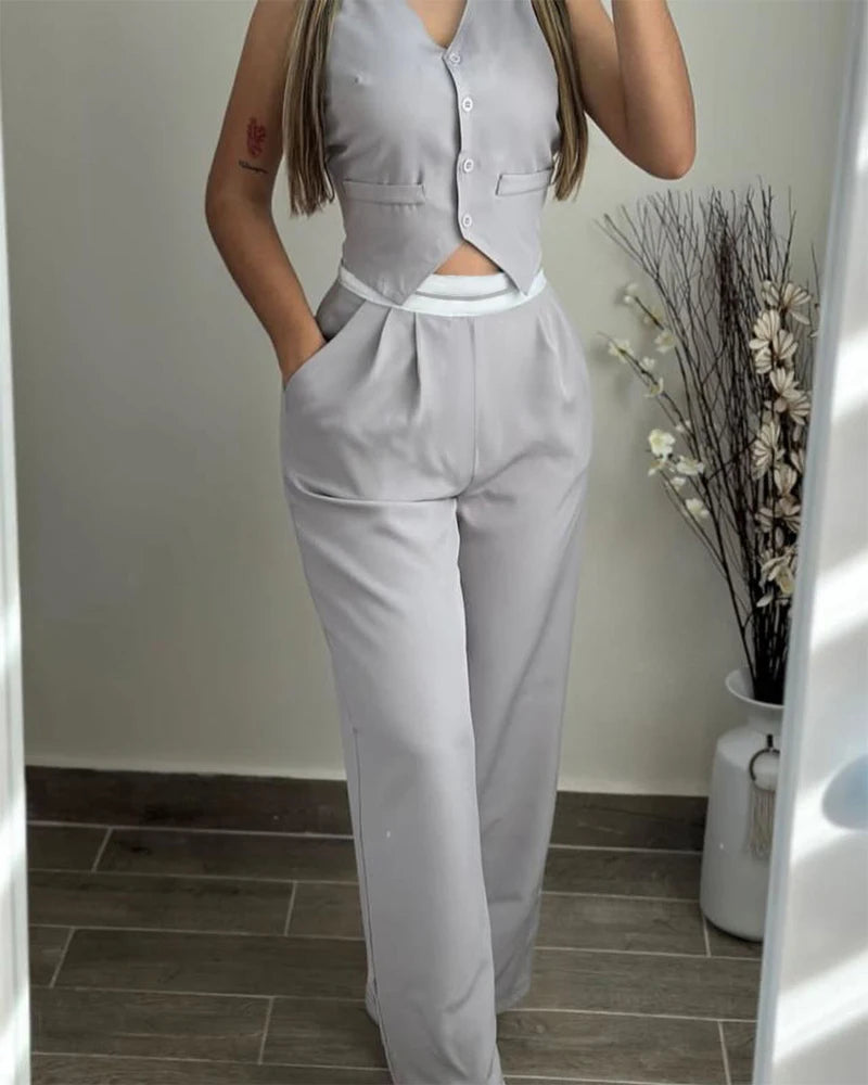 New Fashion 2024 Summer Casual Sexy Elegant V-Neck Buttoned Vest Top & Pocket Design Pants Set Womens Two Piece Sets Outfit