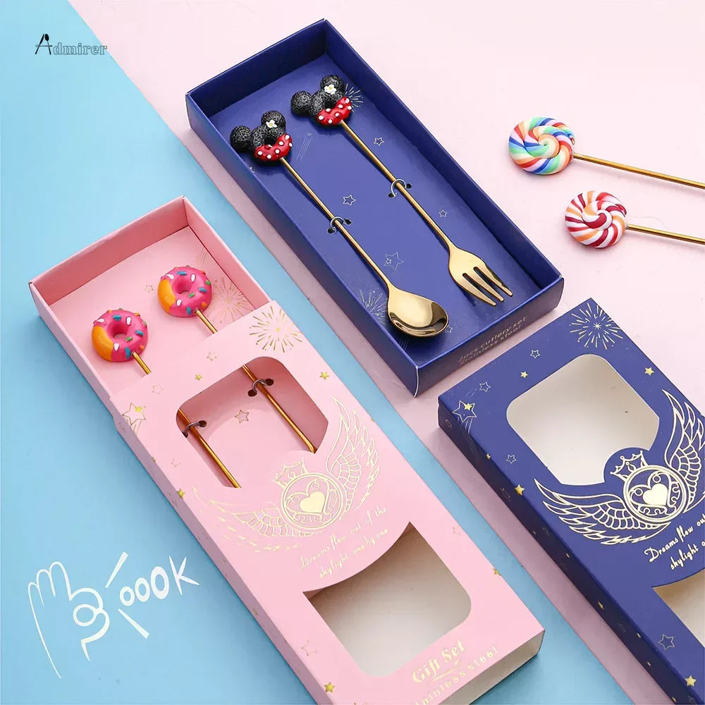 Stainless Steel Spoon Fork Cute Version Rainbow Lollipop Donut Macaron Dessert Spoons Fruit Forks Kids Set Kitchen Accessories