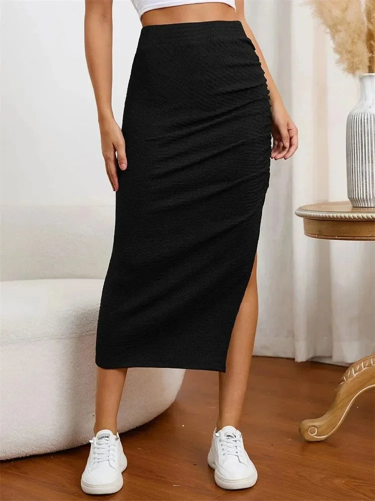 Women Side Split Pleated Skirt Autumn Winter 2024 Casual Elegant High Waist Ruched Midi Skirt Streetwear