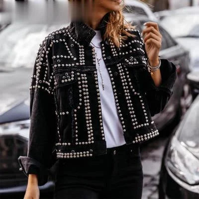 Rivet Studded Denim Jacket 2021 Autumn Loose Outwear Female New Students Casual Short Jeans Coats Jacket Women Outwear