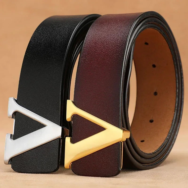 High Quality Smooth Buckle Belt Men's Genuine Leather Pure Cowhide Letter V Jeans Belt for Men Women Luxury Male Belt Designers