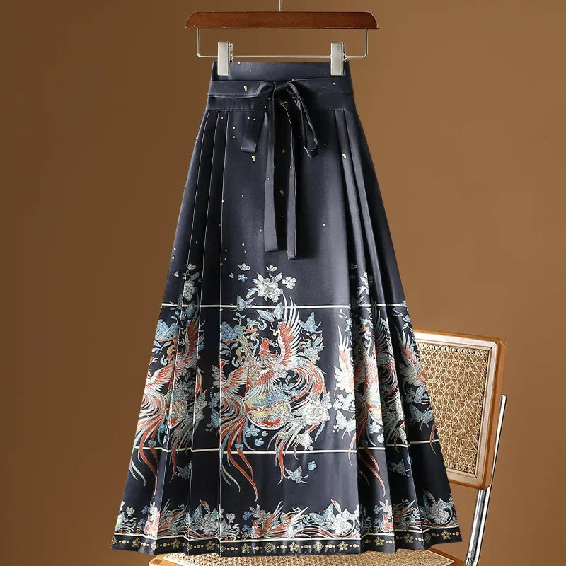 Maxi Chinese Style Horse Face Skirts Women Hanfu Vintage Harajuku Saia Casual Long Print Pleated Skirt Woman Clothing Faldas