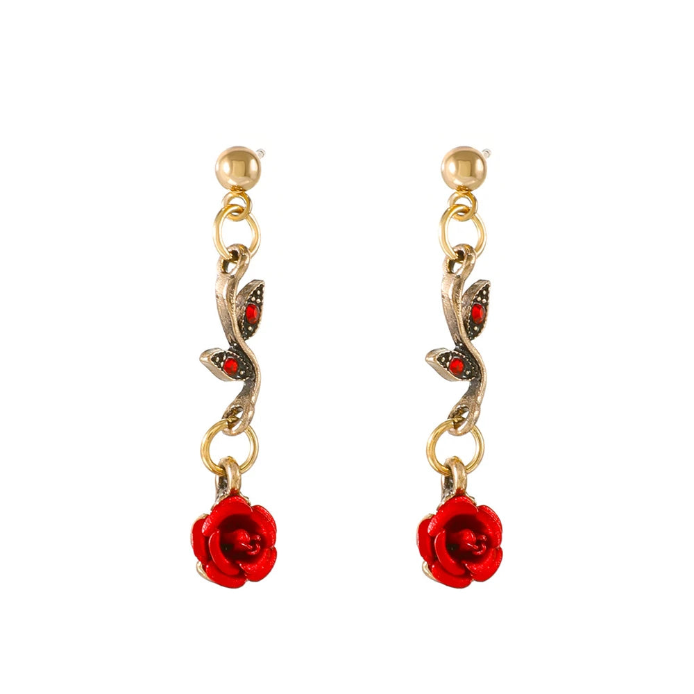 1-3pcs/set Vintage Red Rose Bracelet Necklace Earring Pretty Fashion Elegant Jewelry for Women Wedding Romantic Gifts Wholesale