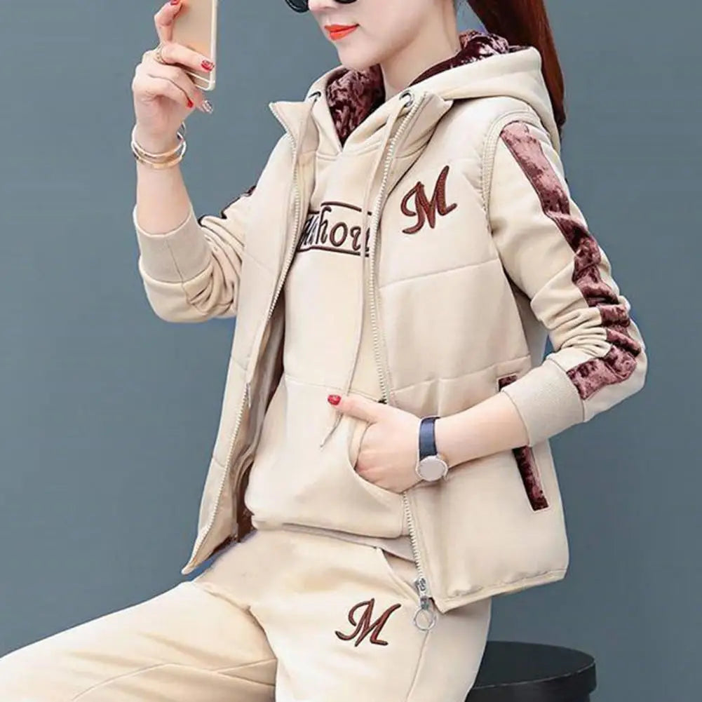 3Pcs/Set Trendy Women Tracksuit Windproof Waistcoat Hoodie Sweatpants Long Sleeve Cold Resistant