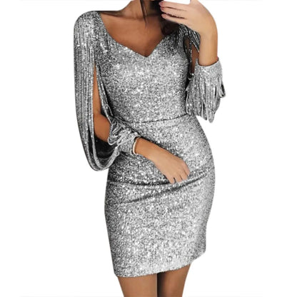 Women Sequin Dress Glitter Sparkle Sexy V Neck Short Dress Long Tassel Sleeve Sexy Club Party Dress Vestidos