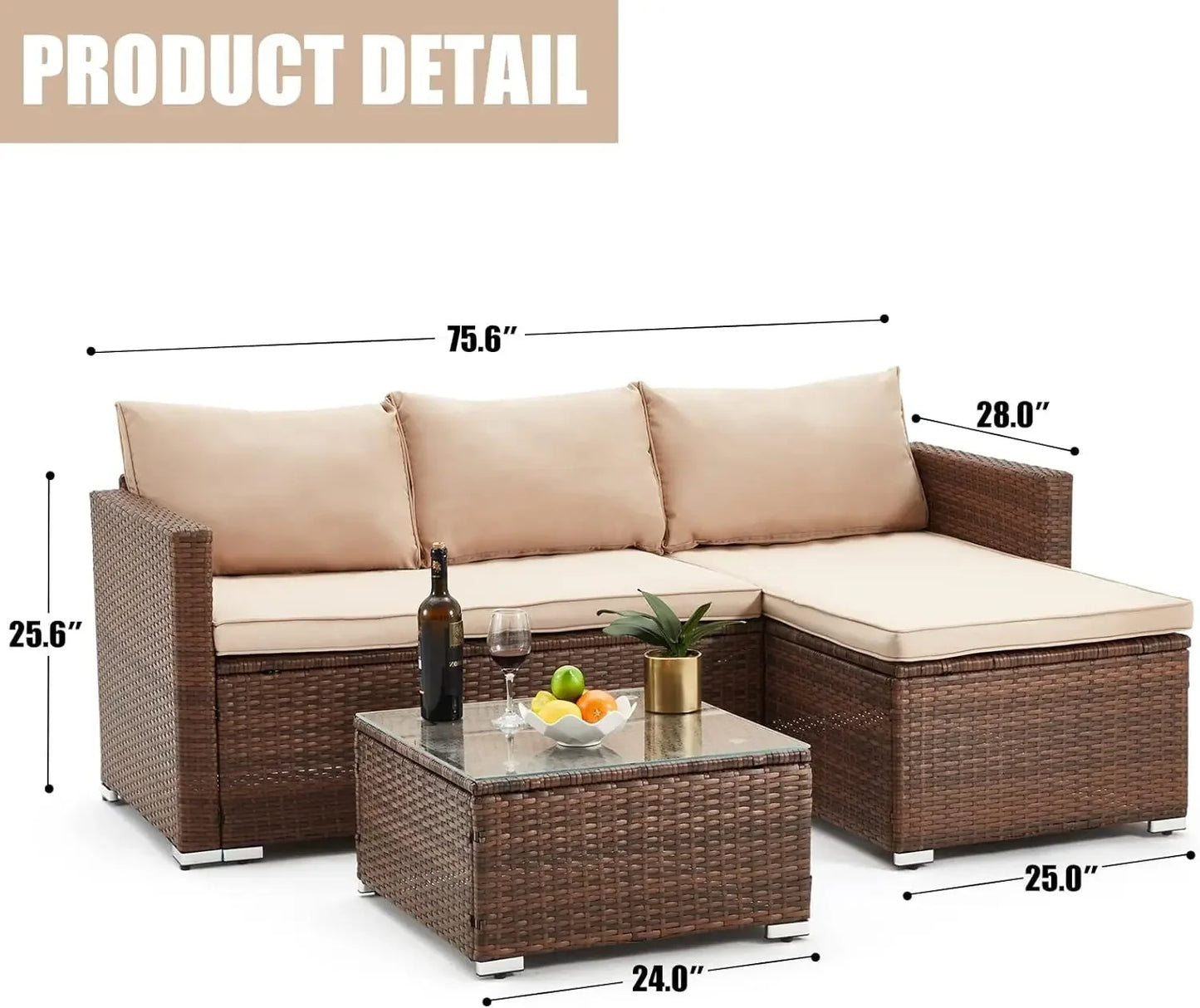 Outdoor Patio Furniture Set All-Weather Wicker Rattan Sectional Sofa with Tempered Glass Table and Washable Cushions for Garden