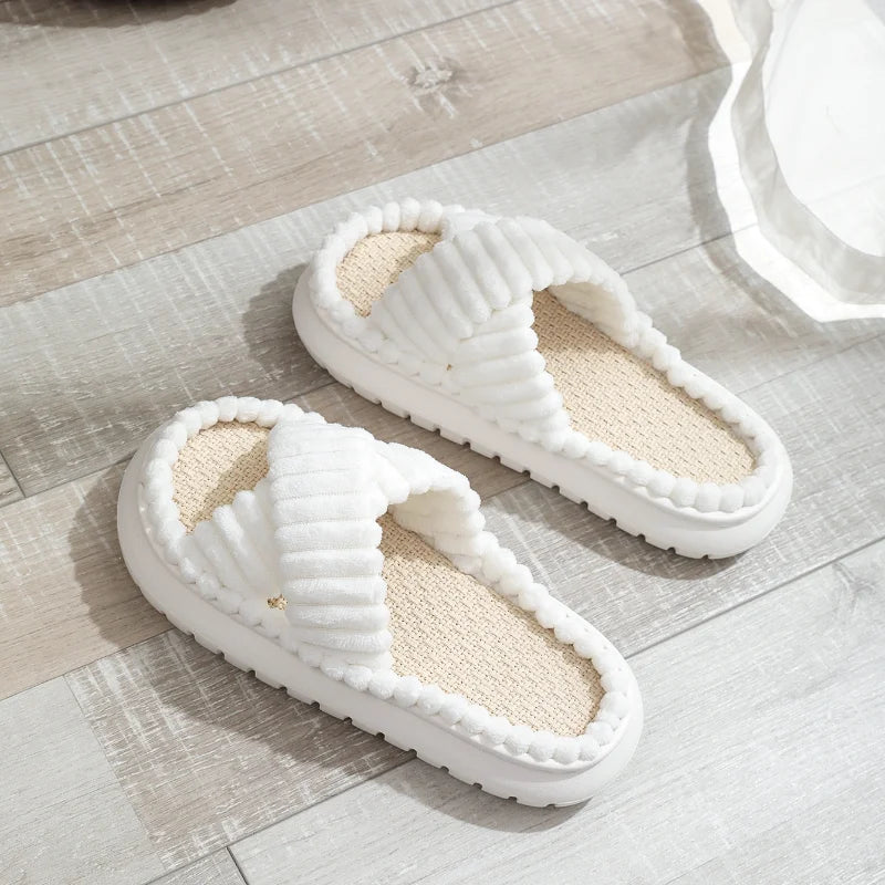 New Women Home Slippers 2023 Autumn Winter Open-Toe Cross Band Linen Soled Indoor Slides Linen Soled Non-Slip Bathroom Slippers