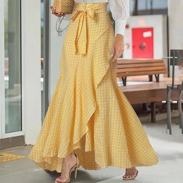 Spring Autumn Women Long Skirt High Waist Lace-up Ruffle Trim Plaid Print Bow Tie Irregular Hem Maxi Skirt Female 2024 New