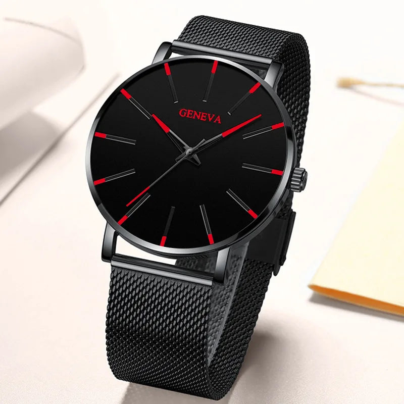 Fashion Mens Business Black Watches Luxury Stainless Steel Ultra Thin Mesh Belt Quartz Men Wrist Watch Casual Classic Male Watch