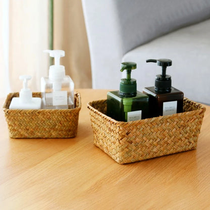 Woven Seagrass Storage Baskets Straw Rattan Basket Desk Organizer Picnic Basket Fruit Storage Box Cosmetic Storage Container