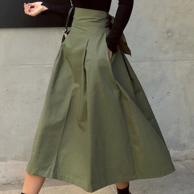 Skirts Womens Korean Fashion Solid Color Big Swing Ladies Skirt Long Skirt 2022 Autumn Wild High Waist Bow Slim Skirts