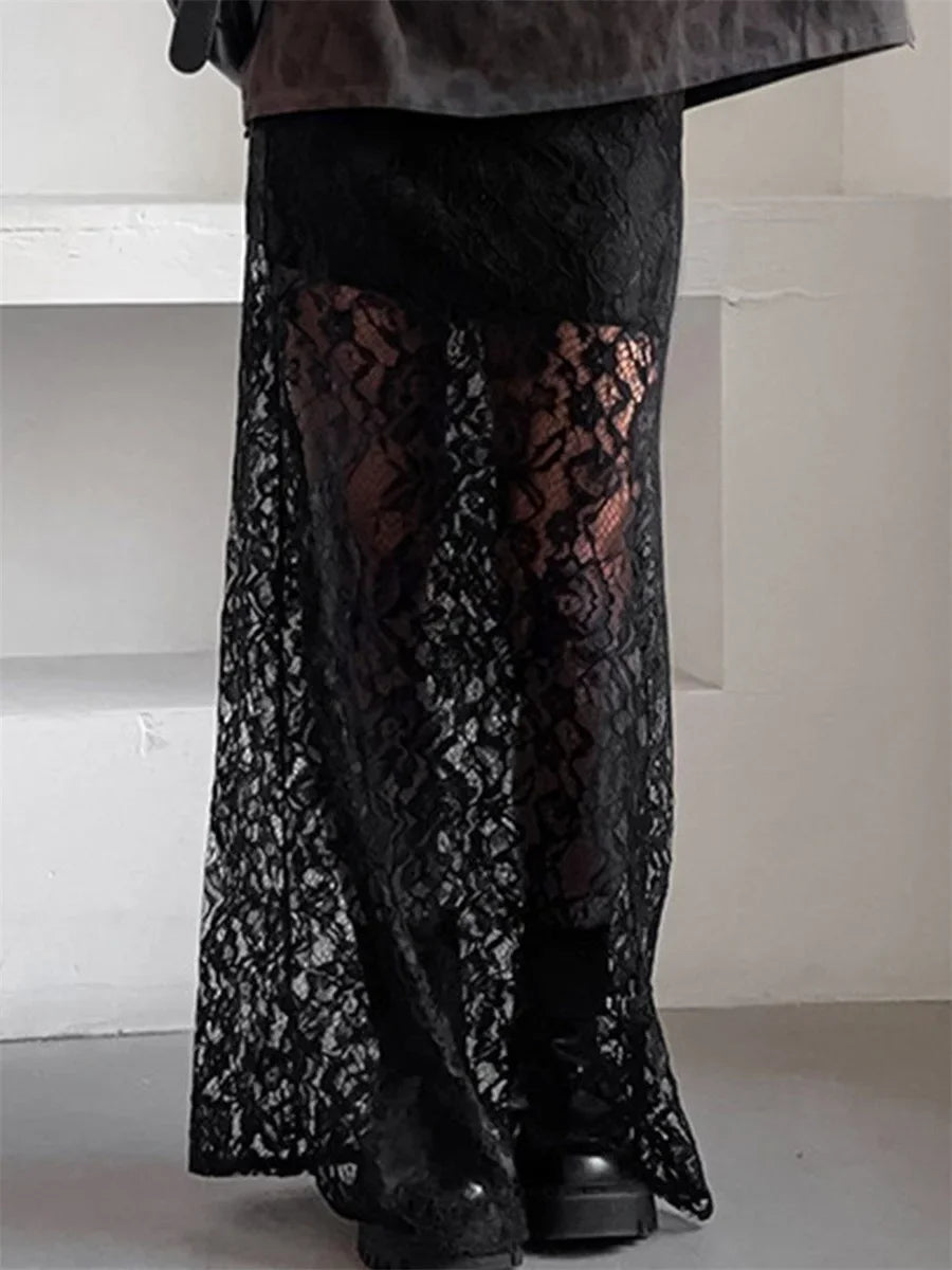 Women Lace Long Skirts Elegant Low Waist Solid Color See-Through Midi Skirts  Fit Skirts