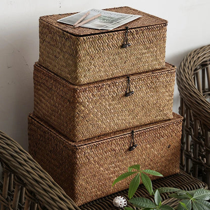 Seaweed Organizers Storage Basket Hand-woven Storage Box Sundries Organizer Cosmetic Toy Basket with Lid Clothes Container