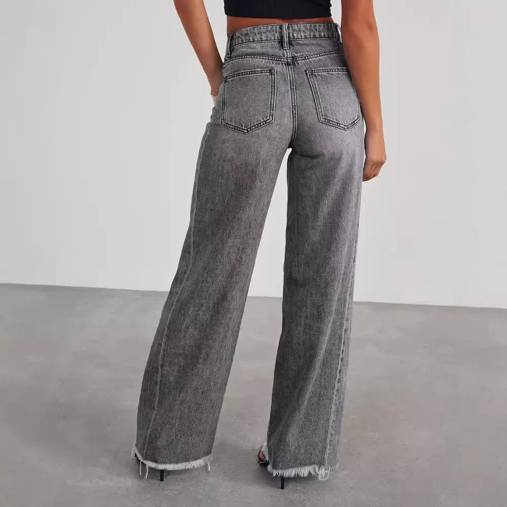 High-waisted Straight-leg Furred Jeans, Women's New Fashion High-waisted Wide-leg Pants Jeans,spring and Autumn for Women Y2k