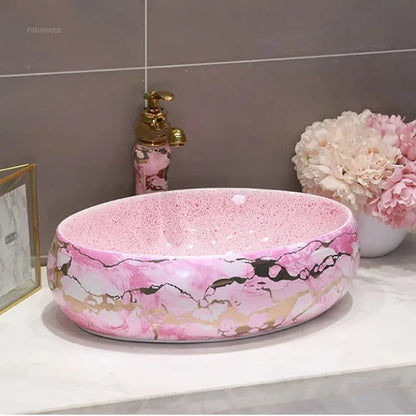 Nordic Pink Bathroom Sinks Simple Retro Above Counter Basin Art Ceramic Wash Basin Home Hotel Bathroom Washbasins Single Basin D