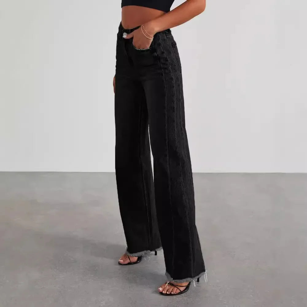 High-waisted Straight-leg Furred Jeans, Women's New Fashion High-waisted Wide-leg Pants Jeans,spring and Autumn for Women Y2k