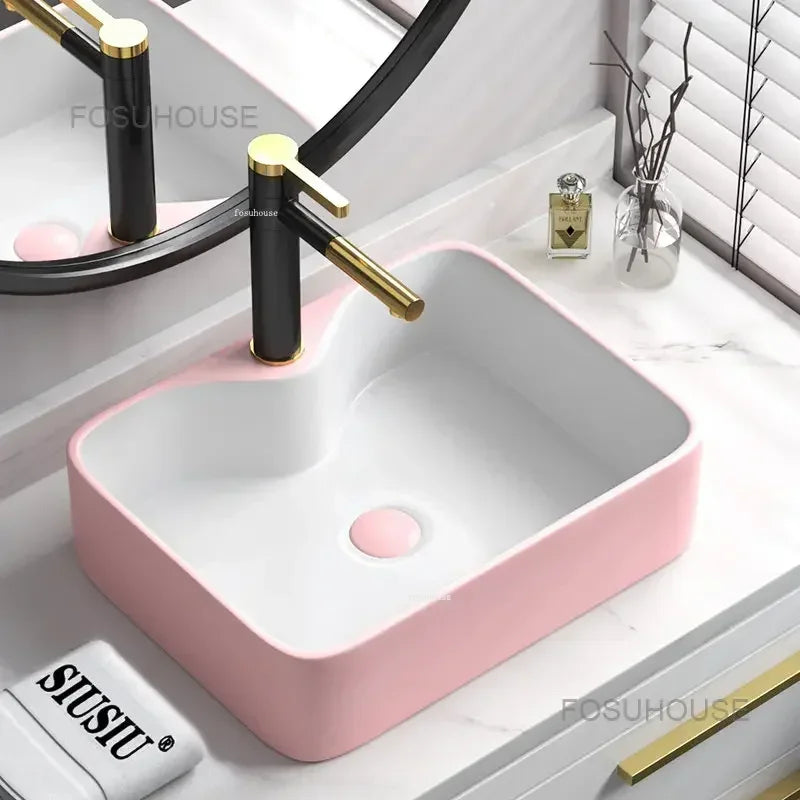 Nordic Rectangular Bathroom Sinks Pink Wash Basins Single Basin Small Size Bathroom Washbasins Nordic Kitchen Washing Sinks ZXC