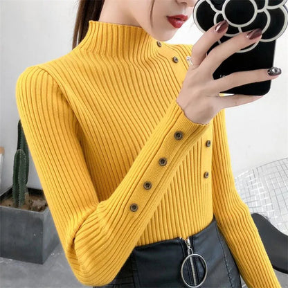 2023 Women Autumn Knitted Slim Sweaters Solid Knitted Female Cotton Soft Elastic Color Pullovers Button Full Sleeve Turtleneck