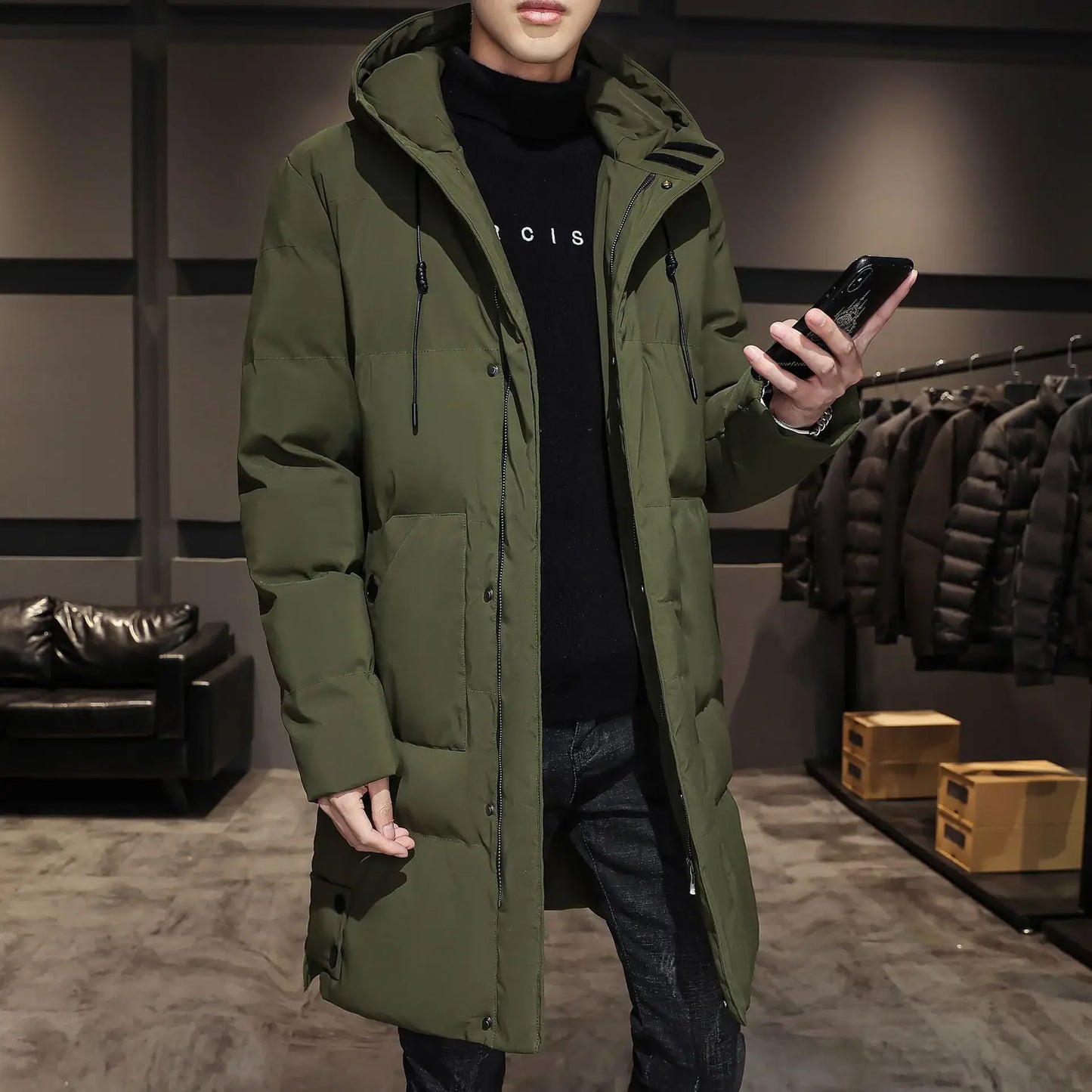 2023 New Men's Thickened Medium-Length Cotton Coat Korean Trendy Cotton-Padded Warm Jacket Hooded Casual Scene