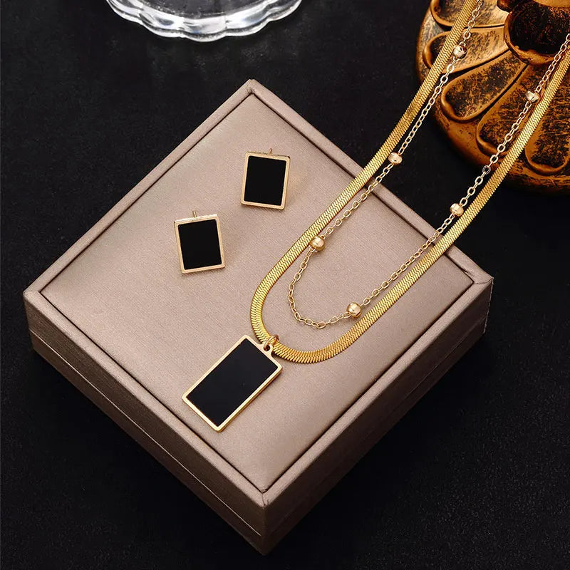 Luxury Stainless Steel Multi-layer Geometric Square Pendant Necklace Earrings for Women Girl Snake Bone Fat Chain Jewelry Set