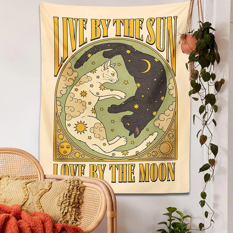 Sun Moon cat Tapestry Wall Hanging Tarot retro black white cat psychedelic love star for Living Room Home Dorm Decor Cloth gift