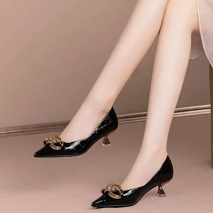 Fashion Women Shoes Pointed Toe Pumps Low Heel Metal Chain Woman High Heels Black Soft Leather Ladies Work Dress Shoes