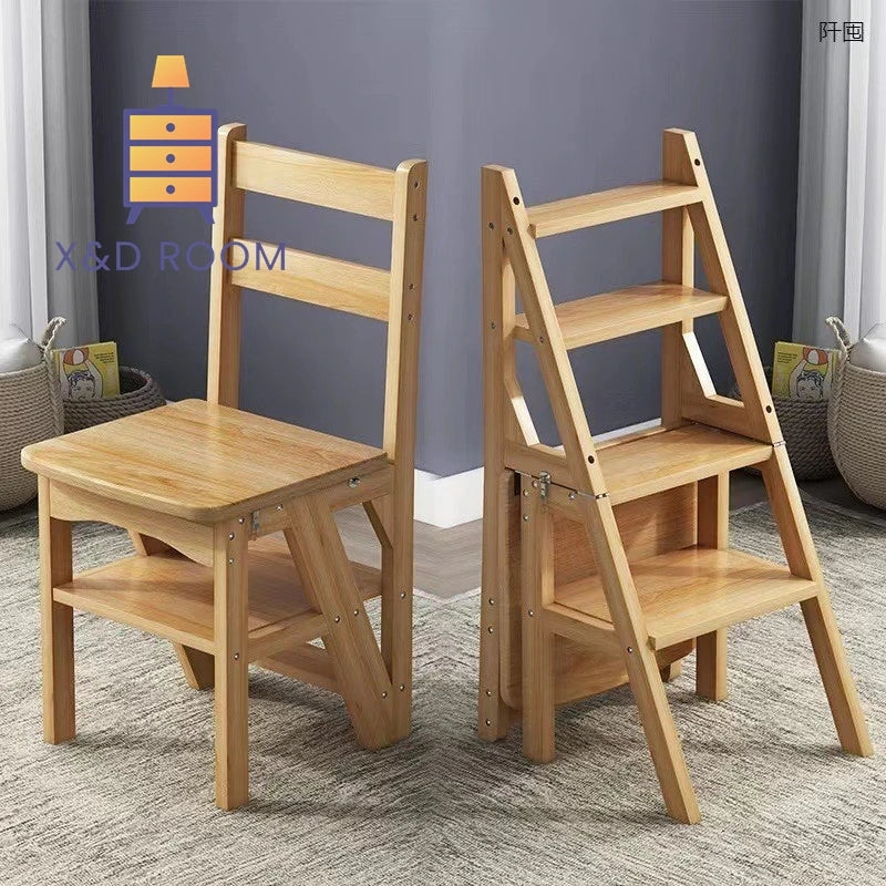 XD Solid Wood Ladder Stool Folding Leisure Chair For Home Use Thickened Indoor Living Room Dual-use Ladder Multifunctional Chair