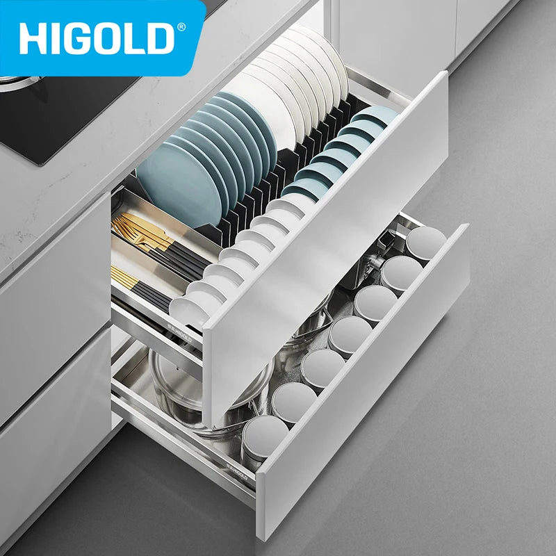 HIGOLD 600mm Kitchen Cabinet Basket Pull Drawer 800mm / 900mm 304 Stainless Steel Dish Storage Rack Combination Packages