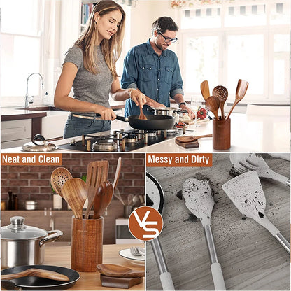 Natural Teak Cooking Spoon Scoop Kitchen Wooden Spatula Non-stick Utensils Set For Cooking With Hanging Hooks Cookware Tool Set