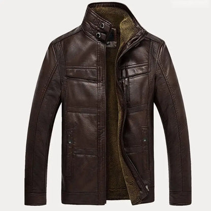 Brown Leather Jacket Thicken Fleece Lined Men Stand Collar Slim Leather Jacket Motorcycle PU Jacket Biker Jacket Men's Clothing